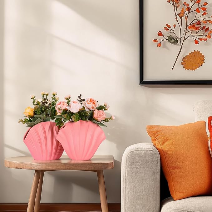 Shell-Shaped Vase for Living Room Decor, Ceramic Vases for Modern Home Decor, Unique Vase for Farmhouse Decor, Aesthetic Room Decor, Nordic Decor, Shelf Decor, Centerpiece Table Decor (Pink)