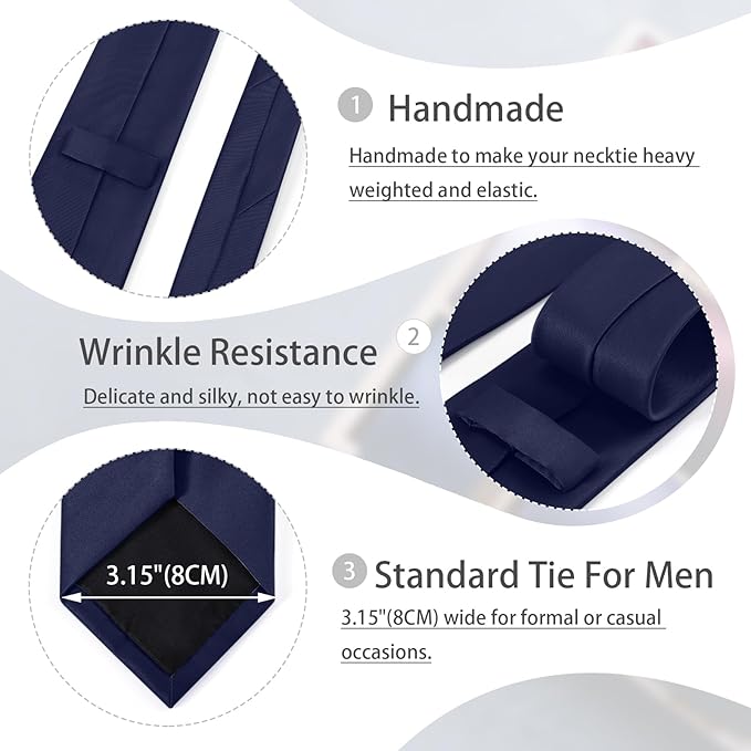 Black Tie Set in Gift Box Mens Solid Color 3.15" (8CM) Black Necktie and Pocket Square Set