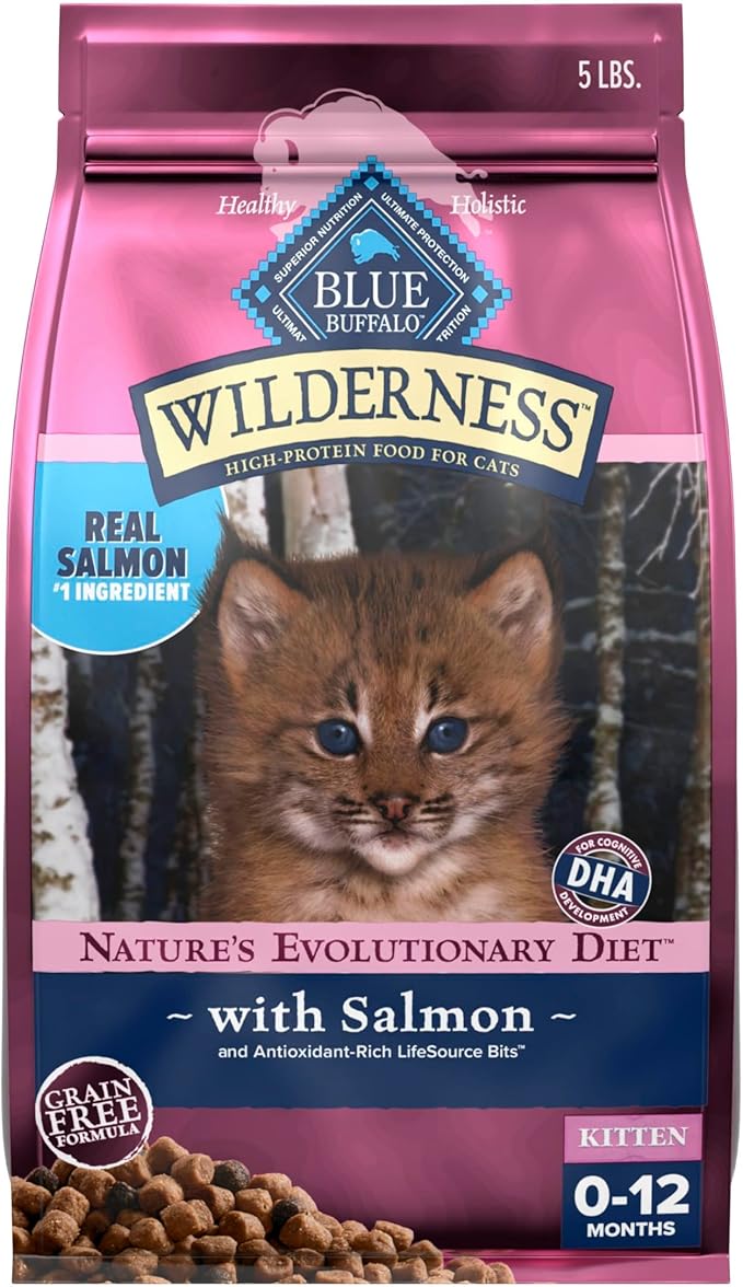 Blue Buffalo Wilderness Salmon Kitten Dry Cat Food, Grain-Free, 5 lb | High Protein, Real Salmon #1 Ingredient, DHA & ARA for Brain and Eye Development, Antioxidant-Rich LifeSource Bits