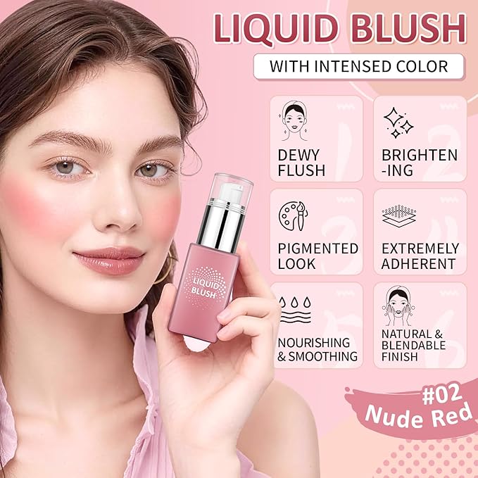 AWCCXMYM Liquid Blush for Cheeks Longwear High Pigment Blush Makeup Buildable Covers for Dewy & Radiant Flushed Cheeks Face Makeup with Natural Finish #Nude Red