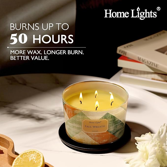 HomeLights Soy Wax Candles for Home Scented, 4-Wick Candles in Fall Wreath Scented, Rustic Modern Aromatherapy Candles Gift for Parties, Relaxing, 18oz