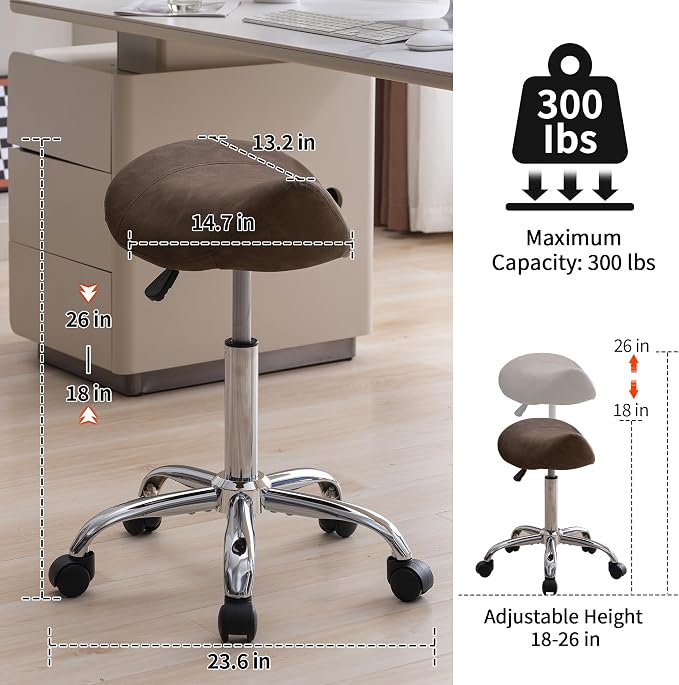 FIRAVOE Saddle Stool, Swivel Saddle Stool with Wheels, Adjustable Rolling Stool 18"-26", Faux Leather Rolling Stool for Salon, Massage, Clinic, Lab, Office (Tan, 1PCS (18"-26"))