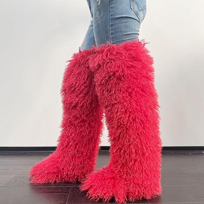 SWEETHEART BEAUTY Thigh High Shagy Teddy Fur Boots, 29 Inch Over the Knee Length Fluffy High Boots, Tall Furry Shoes For Women