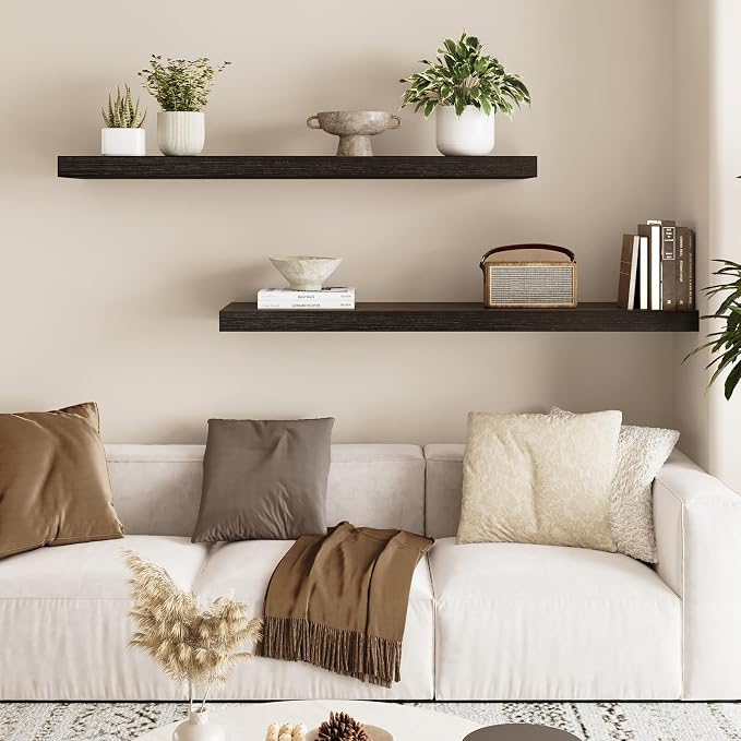 Fixwal Floating Wall Shelves for Decor (Black, Set of 2, 35.4Inch) | MDF Shelf with Metal Brackets, Space Saving for Books , Decor, Fits Bathroom, Kitchen, Bedroom, or Office