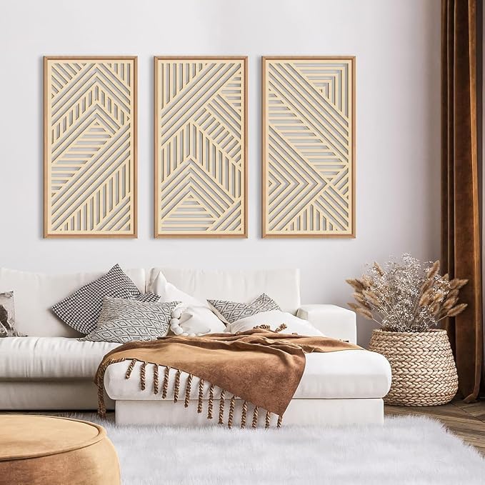 IARTTOP Large Boho Wooden Wall Art 16x32 Inch Framed Mid Century Modern Wood Wall Decor Minimalist Modern Bohemian Decor for Dining Room Living Room Bedroom Set of 3