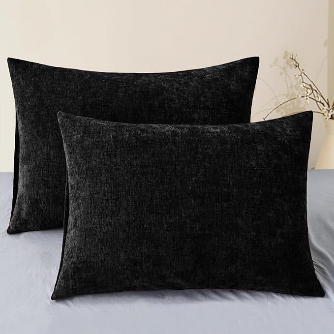 CaliTime Decorative Standard Throw Pillow Covers 26 X 20 Inches Black | Pack of 2, Cozy Chenille Cushion Cases for Sofa Bed Living Room Farmhouse Home