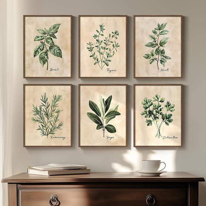 Framed Rustic Sage Green Botanical Wall Art for Kitchen, 6 Piece 11x14 In | Modern farmhouse wall decor, Herb spices plant leaf pictures, Canvas prints, Living room bedroom dining room artwork