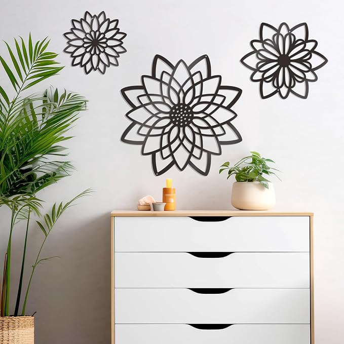 Zzbakress 3 Pcs Metal Flowers Wall Art Bathroom Wall Decor(Black Concise) | Farmhouse Flower Bathroom Decor Wall Decorations For Bathroom, Living Room, Office, Kitchen, Hallway And Outdoor
