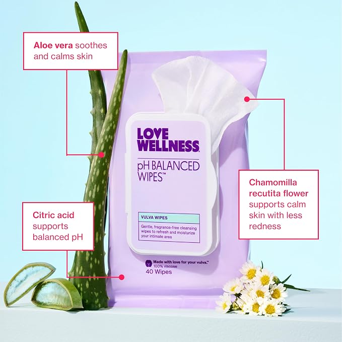 Love Wellness pH Balanced Wipes for Women | Feminine Hygiene for Cleansing with Aloe Vera | Fragrance-Free Intimate Health | Moisturizing, Soothing & Calming for Sensitive Skin | Travel Size | 2-Pack