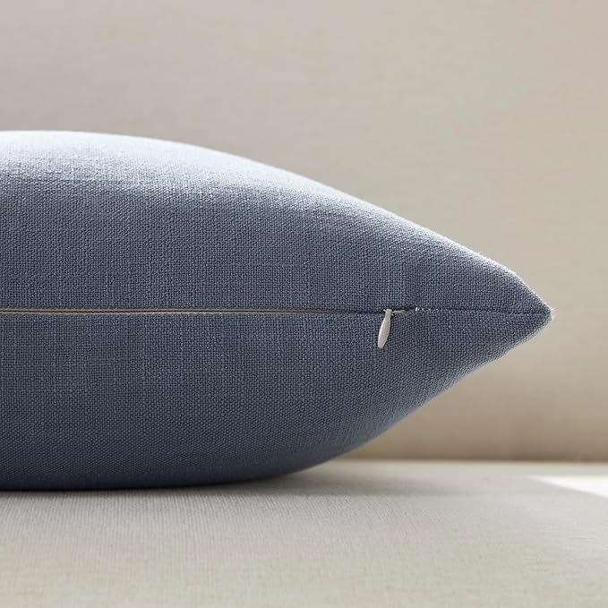 Meekio Set of 2 Blue Gray Throw Pillow Covers 18x18, Modern Farmhouse Linen Blend Decorative Pillow Covers for Couch Sofa Bed, Neutral Home Decor