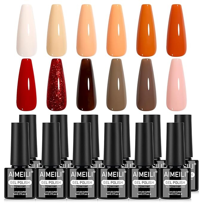 AIMEILI Gel Nail Polish Set 12pcs, Hema Free, Cruelty Free, Vegan, Soak Off U V LED Nail Art Manicure Salon DIY at Home for Women - Kit 45