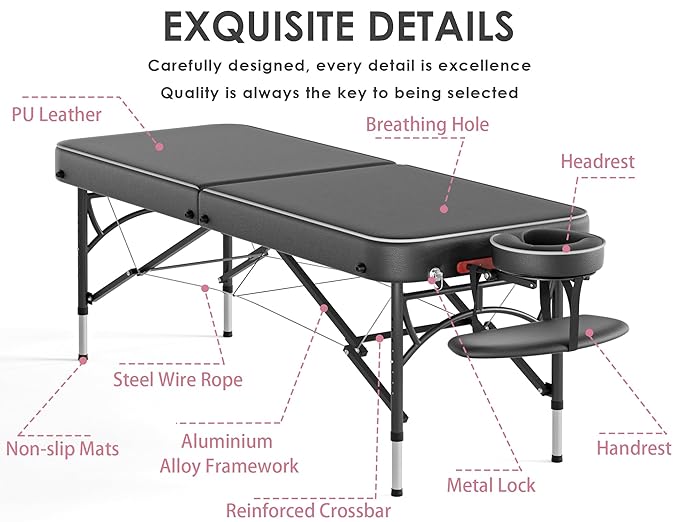 CLORIS 84" Professional Massage Table Portable Reinforced Aluminium Leg Hold Up to 1100LBS 2 Folding Lightweight Spa Salon Tattoo Massage Bed Height Adjustable with Carrying Bag Black