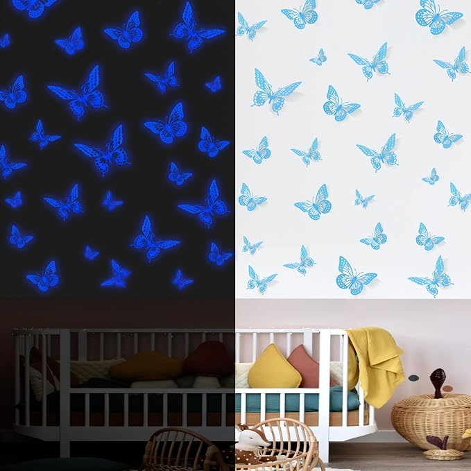 SAOROPEB Glow in The Dark 3D Butterfly 24 Pcs Blue Butterfly Stickers | 3 Sizes, Luminous for Ceiling or Wall, Glow in The Dark Party Supplies, Removable Luminous Stickers for Kids Babys Nursery
