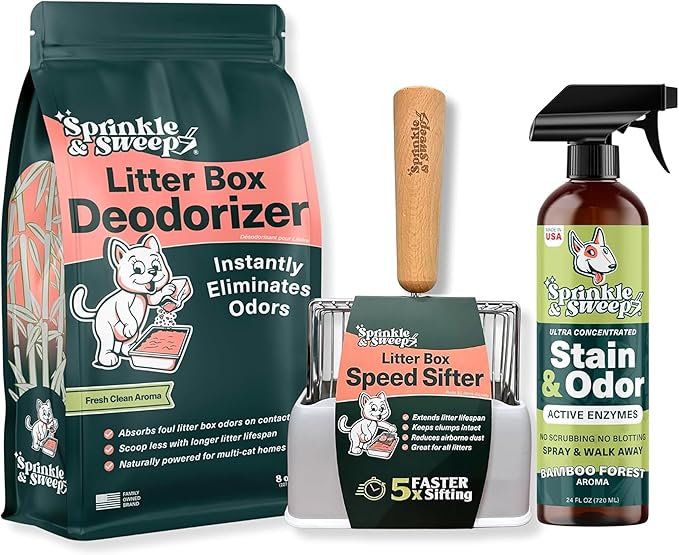 Sprinkle & Sweep: Litter Box Deodorizer Bundle: 8oz Bag, Speed Sifter, 24oz Odor & Stain Spray - Cat-Kitten Litter Care, Enzyme Spot Treatment Cleaner