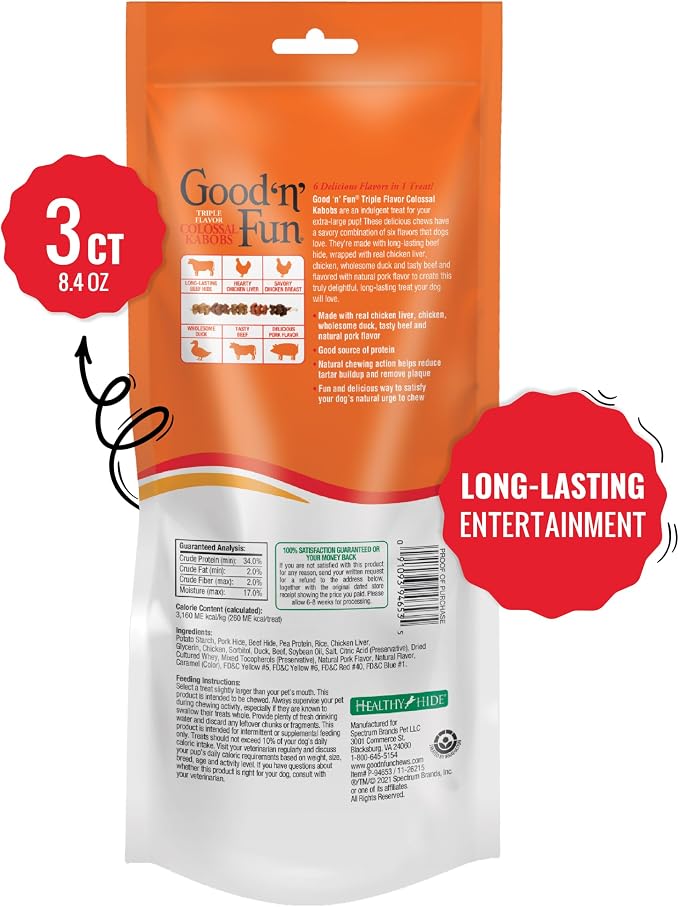GOOD 'N' FUN Colossal Kabobs Long-Lasting Dog Treat for XL Dogs, 3 Count | Extra-Large Dogs 120+ lbs, Premium Chicken and Beef Hide Chew, Supports Dental Health and Mental Stimulation, For Adult Dogs