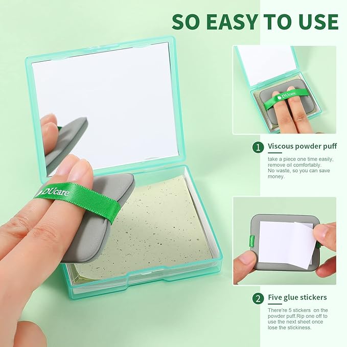 Oil Blotting Sheets for Face, DUcare 100 Counts Green Tea Blotting Paper For Oily Skin with Portable Mirror Case & Makeup Puff, Oil Absorbing Sheets For Face
