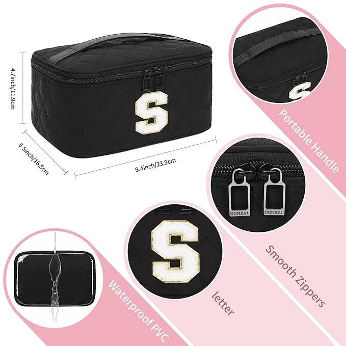 OCHEAL Makeup Bag Valentines Day Gifts for Women, Monogram Cosmetic Bag Black Travel Makeup Case Beauty Toiletry Bag Organizer Personalized Gifts for Girls Bridesmaid, Sister, Wife, Friends Initial S