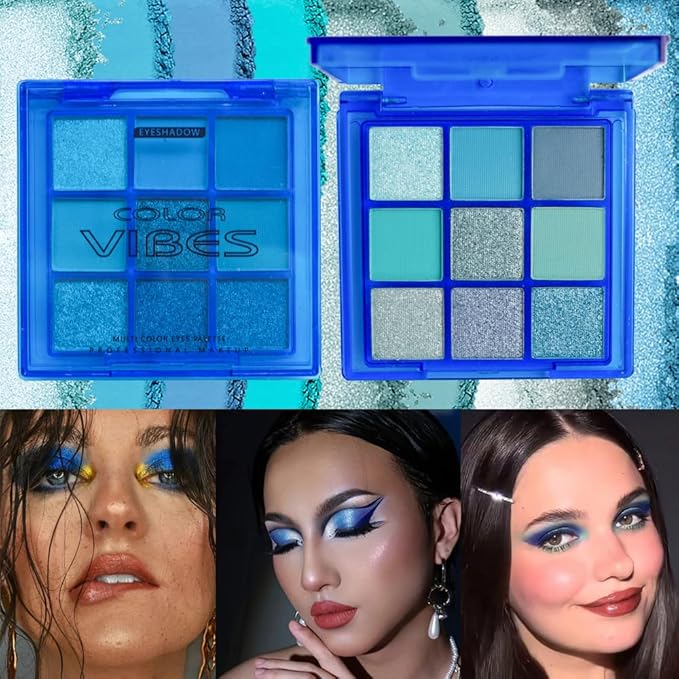 URQT Blue Ocean Mirage Eyeshadow Palette – 9 Highly Pigmented Aqua Blue & Silver Shades, Blendable Matte & Shimmer Finishes, Long-Lasting Cool Tone Eye Makeup Palette