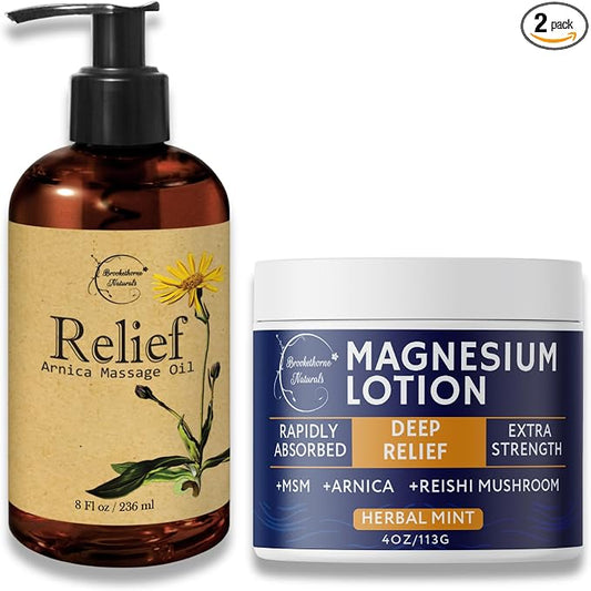 Relief Arnica Massage Oil & Magnesium Cream Set by Brookethorne Naturals – Deep Relief for Sore Muscles, Joints & Massage Therapy – Topical Magnesium Lotion + Arnica Body Oil – 2 Pack