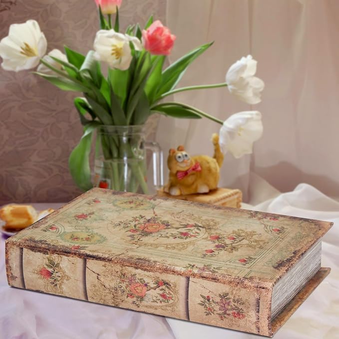 Decorative Vintage Book Shaped Trinket Storage Box Rose Pattern | French Vintage Book Box Coffee Table Decoration