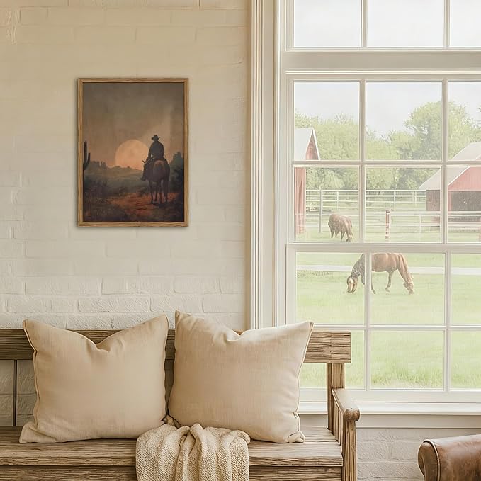 Vintage Cowboy Wall Art Western Country Wall Decor Painting, Southwestern Desert Cactus Poster Canvas Print Picture Retro Rustic Horse Artwork for Living Room Bedroom 16x24 inch Wood Framed