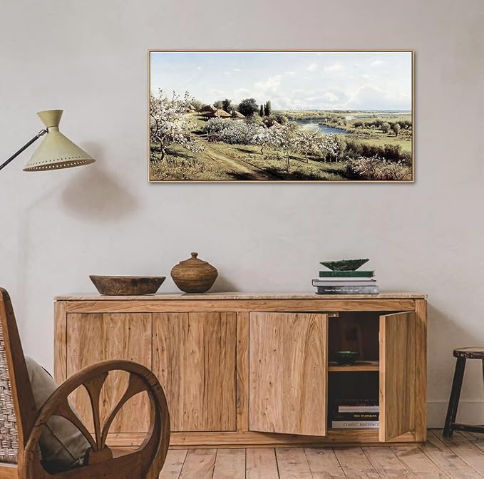DJSYLIFE Farmhouse Apple Blossoms Landscape Framed Wall Art for Living Room | 20x40inch Vintage Canvas Picture, Large Country Painting Print, Rustic Artwork Decor for Bedroom & Above Bed, Ready to Hang