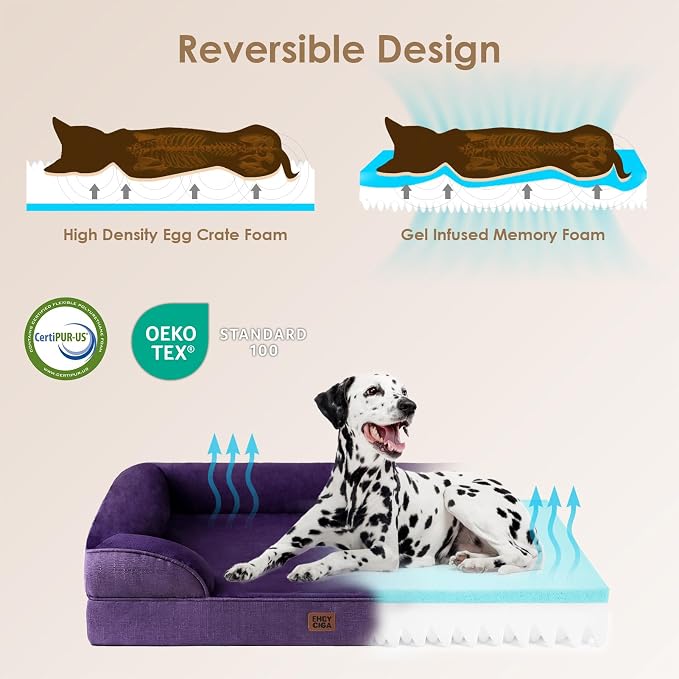 EHEYCIGA Orthopedic Dog Beds Large Sized Dog, Waterproof Washable Pet Bed | Non-Slip Bottom and Egg-Crate Memory Foam Dog Couch Bed with Washable Removable Cover, Purple