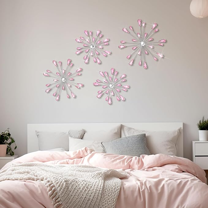Hicarer 4 Pcs Starburst Wall Decor Bling Wall Art Crystal Teardrop 3D Hanging Rhinestone Radial Metal Artwork Modern Accent Sculptures Decorations for Living Room Home Office Bedroom(Pink)