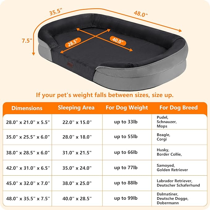 Dwanton Orthopedic Waterproof XX-Large Dog Bed Sofa, Gel Memory Foam, 48" | Egg-Crate Foam Dog Sofa, Washable Pet Bed with Four Sided Bolster Cushion, Removable Cover & Non-Slip Bottom, Dark Grey