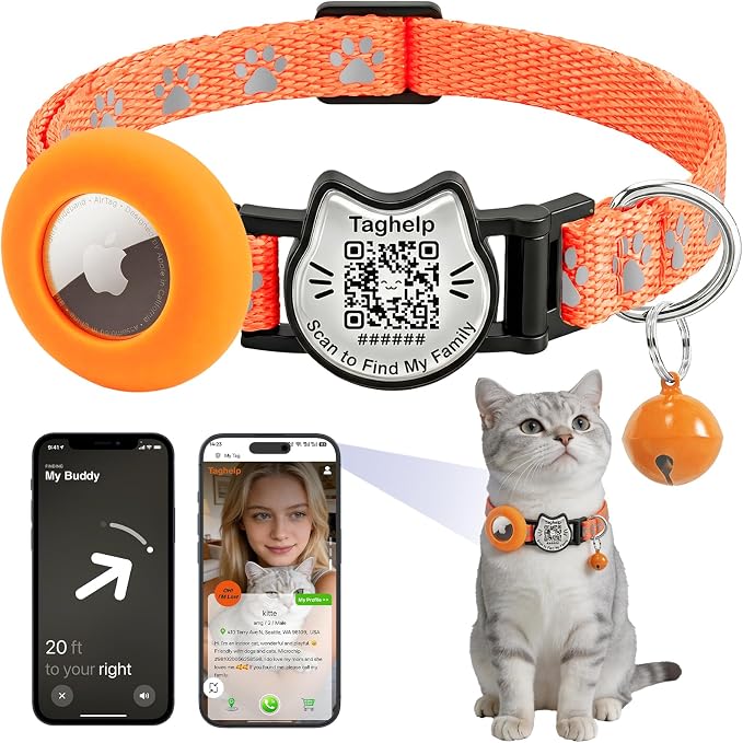 Cat Collar with AirTag Holder, QR Code Tag and Bell (Orange, Paw)