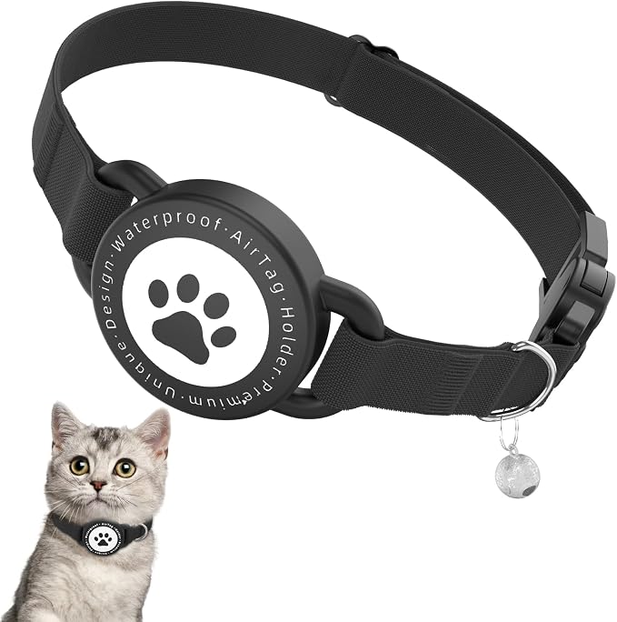 Airtag Cat Collar, Stretchy Kitten Collar with Apple Air Tag Holder, Black