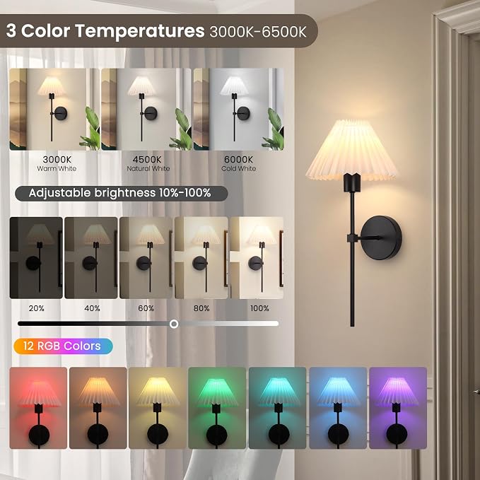 Rechargeable Battery Operated Wall Sconces Sets of 2, 15 Colors Wireless Wall Sconce, Black Wall Lights Fixture with Dimmable Bulbs and Remote, Not Hardwired Wall Mounted Lamps for Bedroom Living Room