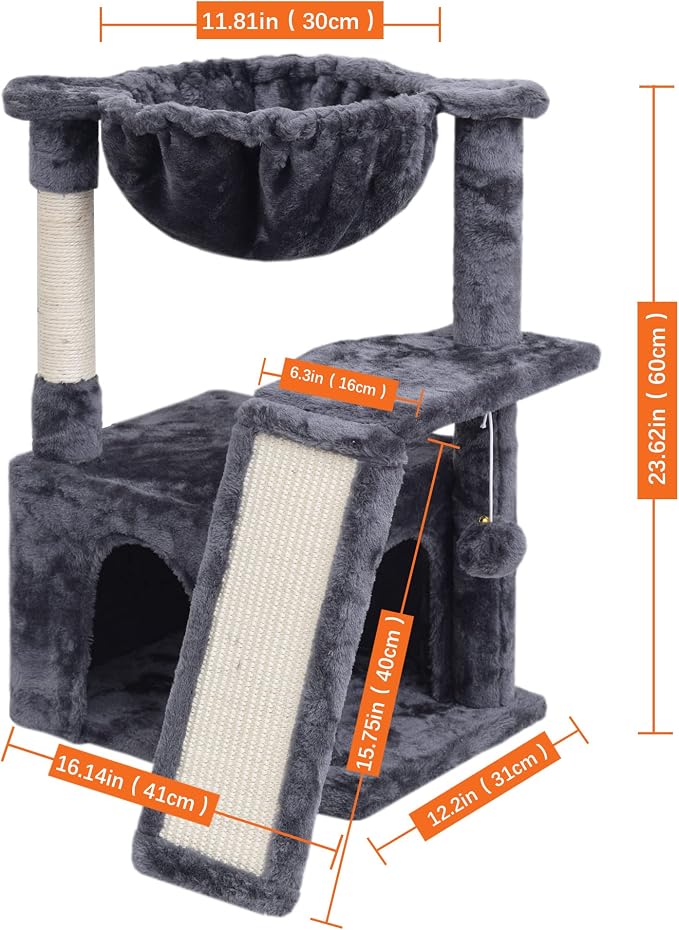 SYANDLVY 23.62" Cat Tree for Indoor Large Cats, Cat Tower with Scratching Posts & Board, Modern Cat Bed Furniture with Condo & Basket (Smoky Grey)