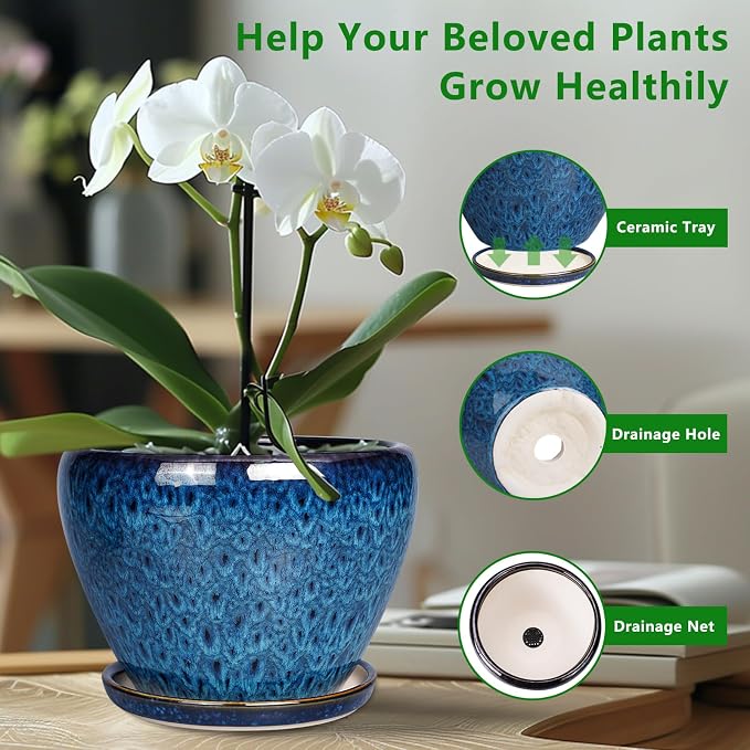Ceramicfor 10 Inch Ceramic Planter Pot, Ceramic Plant Pot for Indoor Outdoor Plants, Large Flower Pot with Drainage Hole and Saucer, Blue