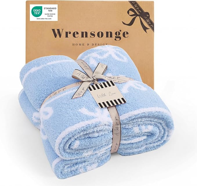 Soft Throw Blanket for Couch-Cozy Reversible Knitted Blankets | Lightweight Warm Fluffy Decor for Women, Mom, Her & Girls, Sofa, Chair, Bed, 50x60in, Blue Bow