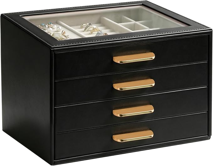Homeanda Jewelry Boxes Organizer with Glass Lid, 4-Layer PU Leather, Black | Modern style display case with 4 drawers for daily jewelry, women, mom or girl gift