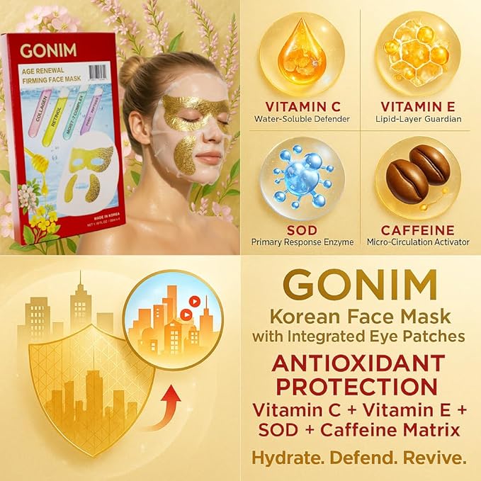 GONIM Korean Face Mask with Integrated Eye Patches with PDRN, Retinol & Caffeine, Collagen Face Mask, Hydrating Face Masks, Hyaluronic Acid Serum Sheet Mask Korean Skin Care Anti Aging 35ml/1.18oz x 8