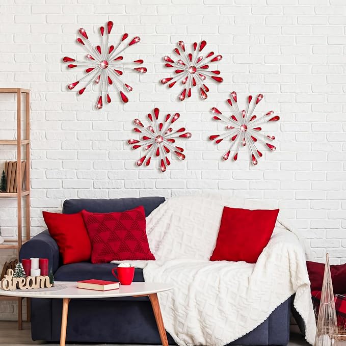 Hicarer 4 Pcs Starburst Wall Decor Bling Wall Art Crystal Teardrop 3D Hanging Rhinestone Radial Metal Artwork Modern Accent Sculptures Decorations for Living Room Home Office Bedroom (Red)