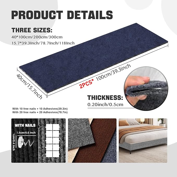 SREBAY Cat Scratch Couch Furniture Protector, Self-Adhesive Scratch Pad | 78.7x15.8In, Heavy Duty, DIY Climbing Cat Carpet Mat, Couch Door Protector from Claws, Sofa Guard with Pins & Tape, Navy