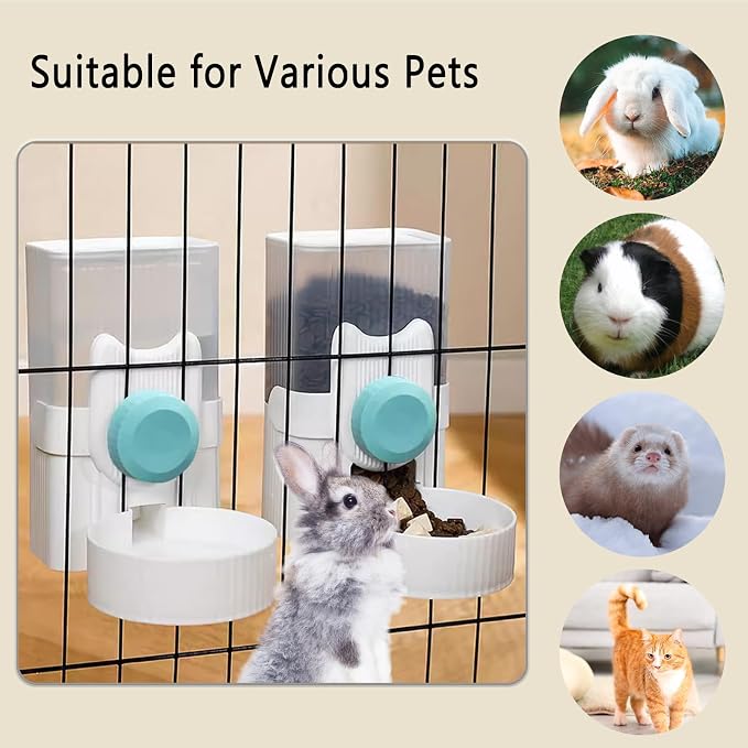 kathson Rabbit Feeder for Cage,Bunny Water Bottle,Pet Food Dispenser,Blue | Gravity Automatic Guinea Pig Feeder Waterer Set,Hanging Small Pet Food Bowl Feeding Station for Ferret Chinchilla Cat Puppy