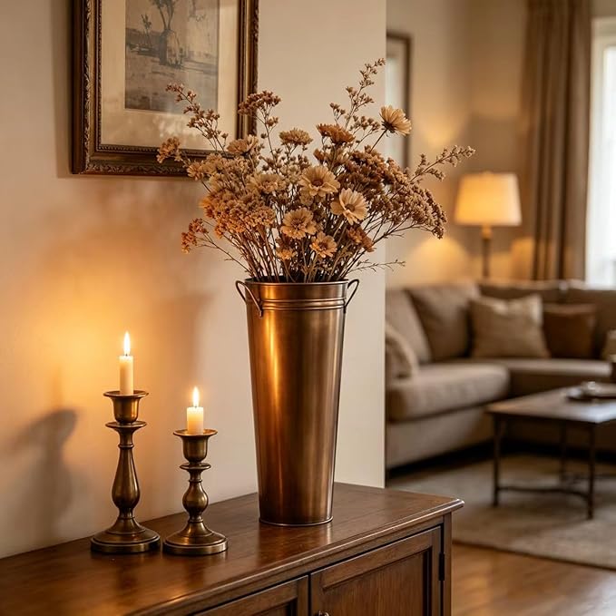 Hosley Antique Bronze French Bucket Vase with Handles 6" Dia x 15" H, Perfect for Weddings, Parties, Country Picnics, Floral Arrangements, Tableware Storage, or Candle Gardens - Rustic Farmhouse Décor