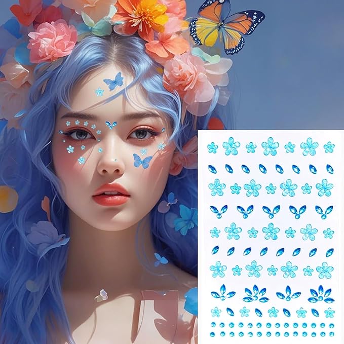 Flower Face Tattoo Sticker Blue Face Gems Summer Face Jewelry for Girls- Self-Adhesive Rhinestones for Eyes, Face, Nail Body – Festival Halloween Christmas Cosplay Makeup Decoration (blue)