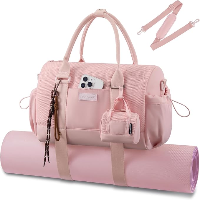 LOVEVOOK Small Gym Bag for Women with Yoga mat Holder, Mini Duffle Bag for Travel with Wet Pocket, Overnight Personal Item Bags (Pink (mesh), 14.5 inch-Small-2Pcs)