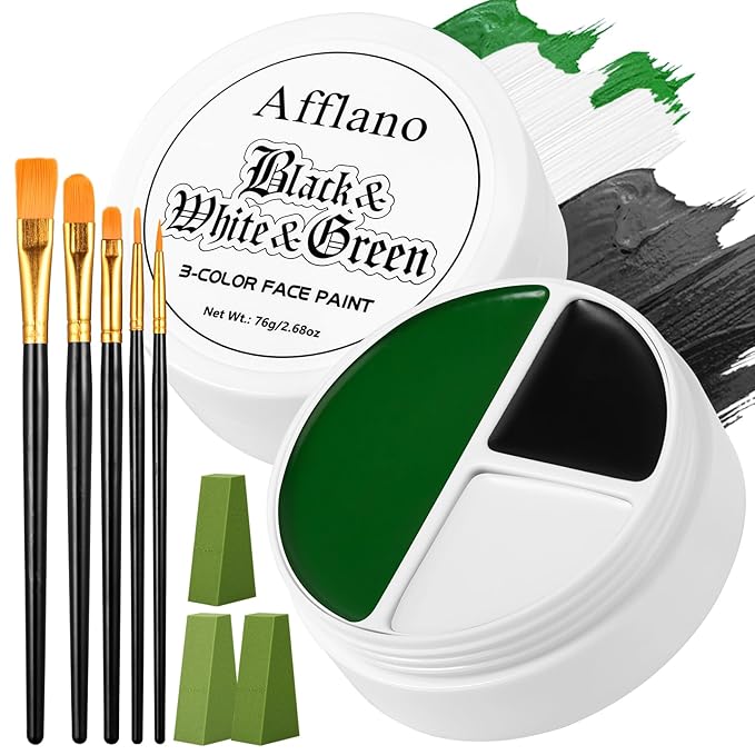 White Black Green Face Body Paint Witch Halloween Makeup Set- Oil-Based Facepaint with Brushes & Sponges for Kids Adults, Full Coverage Bodypaint for Monster Grinch Shrek Hulk Alien SFX Cosplay Party