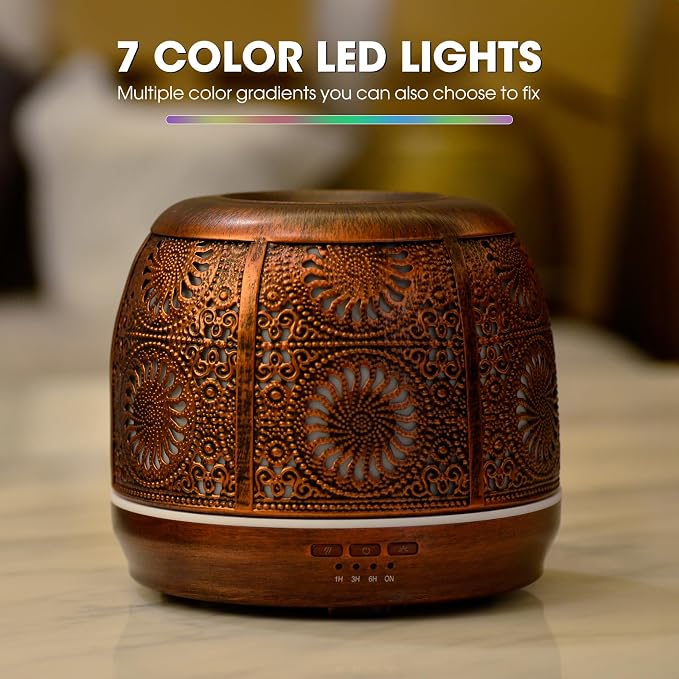 Large Essential Oil Aromatherapy Diffuser for Home Bedroom Metal Hollow Decorative Room Ultrasonic Air Scent Mist Aroma Diffuser 500ML Defusers -Red Copper