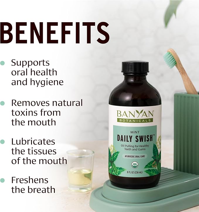 Banyan Botanicals Organic Daily Swish Mint Travel Packets - 12 ct - Ayurvedic Oil Pulling Mouthwash Oil for Oral Health - Coconut Oil Blend for Teeth and Gums