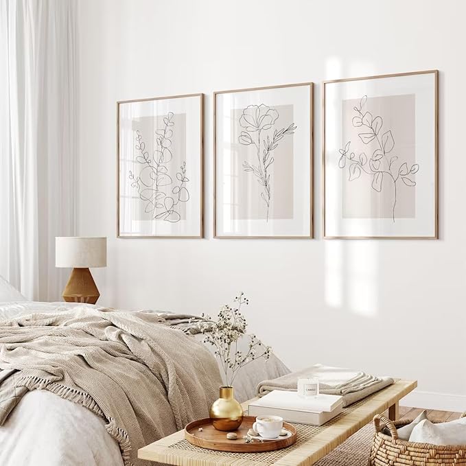 Neutral Botanical Prints Wall Art Flower Minimalist Canvas Wall Decor Vintage Line Wall Art Floral Plant Painting Pictures Beige Boho Artwork Farmhouse Poster for Bedroom 12x16 Inch Unframed Set of 3