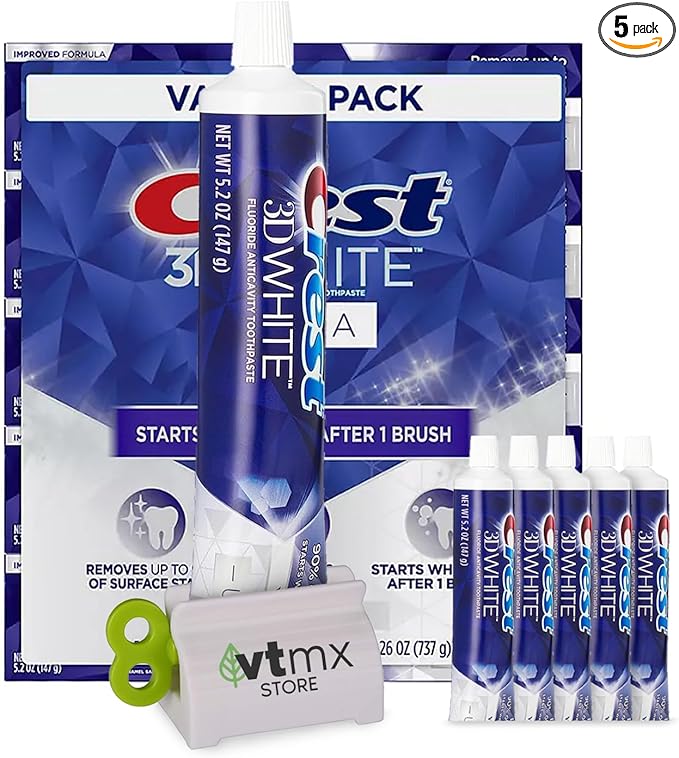 Crst 3D-White Advanced Whitening Toothpaste Vivid Mint, 5 Large Tubes of 5.2 oz (Total 26 oz) Anticavity Fluoride, Enamel Repair, Stain Protection Bundle with Toothpaste Squeezer