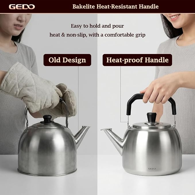 GEDO Stainless Steel Whistling Tea Kettle, 304 Food Grade, Large Capacity, Stovetop Kettle for Gas Stove and Induction Cooktop (6L/6.34QT)
