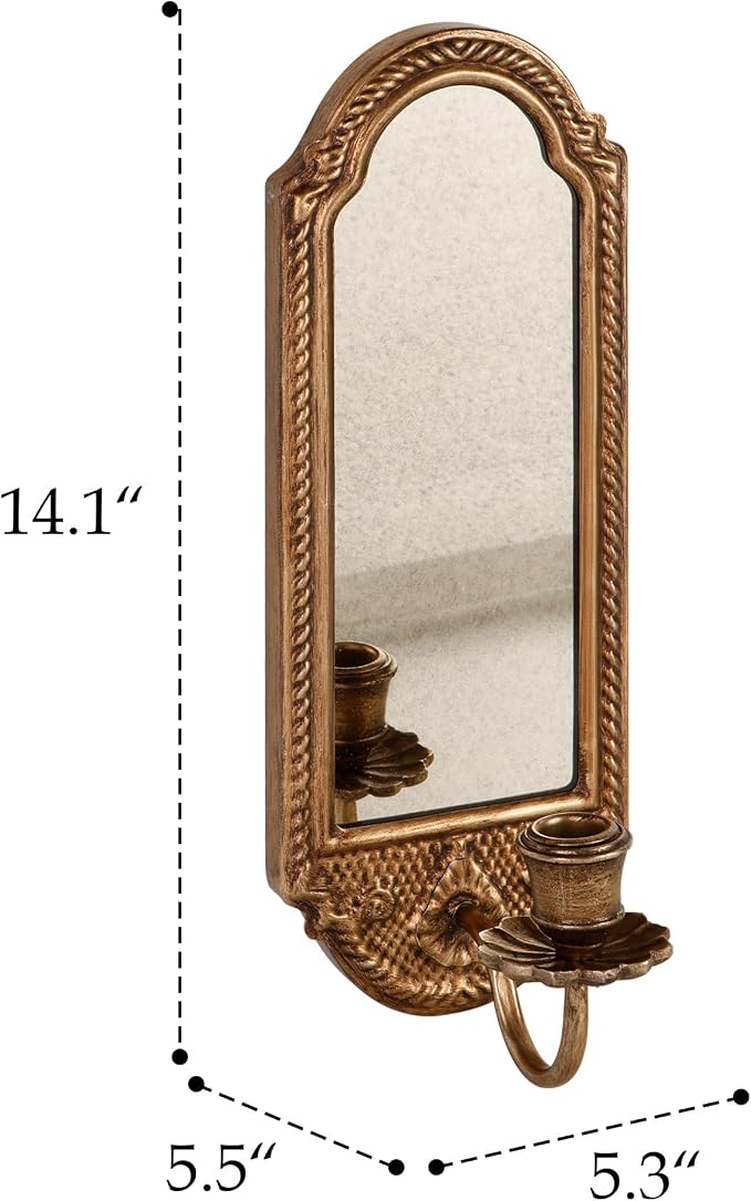 SOFFEE DESIGN Vintage Gold Wall-Mounted Candle Sconce with Mirror - Floral Base & 3D Woven Texture for Bathroom, Dining Room, Entryway